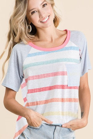 Bibi Multi Color Striped Pocket Tee Wildflowers & Denim