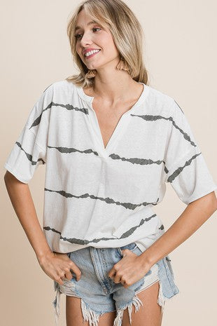 Bibi Tie Dye Striped Henley Top Wildflowers & Denim
