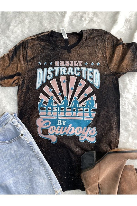 Easily Distracted by Cowboys Bleached Graphic Tee Wildflowers & Denim