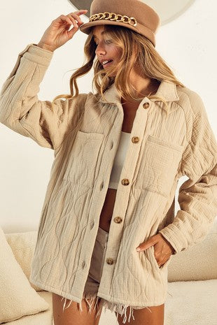 BiBi Quilted Wrinkle Gauze Long Sleeve Shacket Wildflowers & Denim