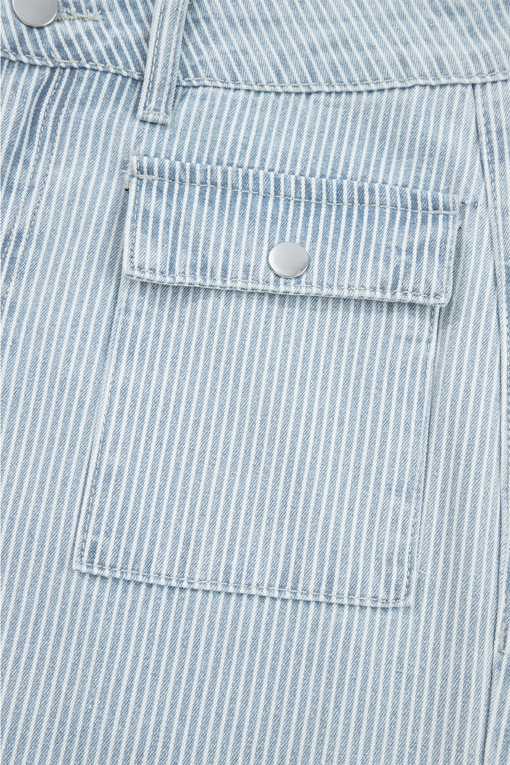Sky Blue Striped Button Flap Pocket Cuffed Hem Wide Leg Jeans Shewin