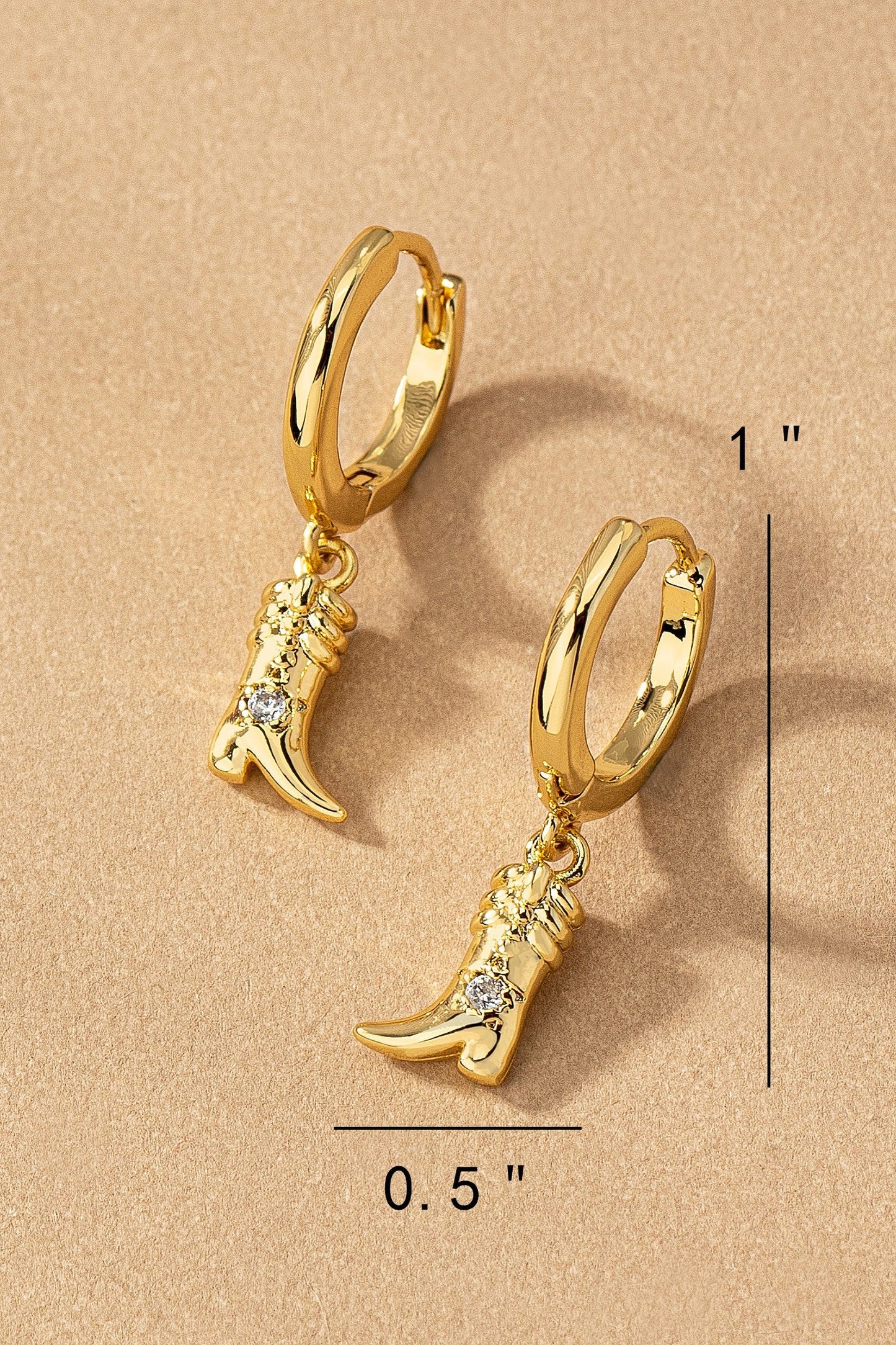 Brass Huggie Hoop Mini Cowboy Boot Drop Earrings Wildflowers & Denim