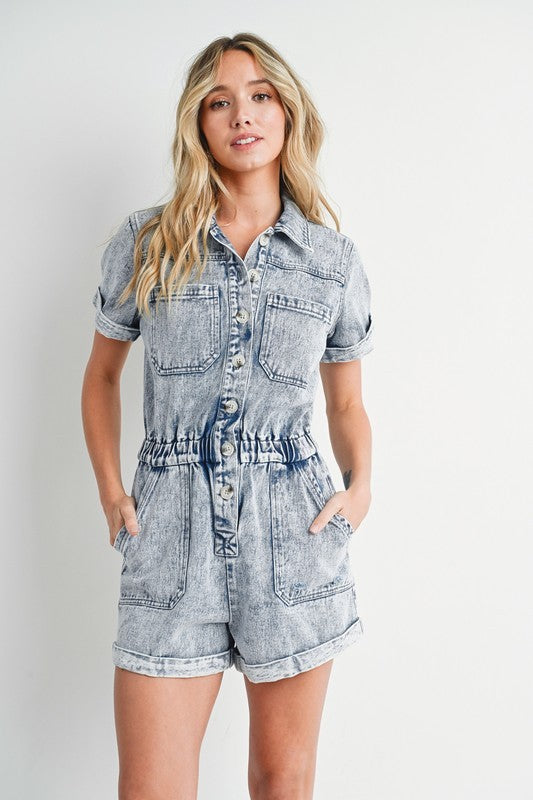 Washed Denim Short Sleeve Romper Wildflowers & Denim
