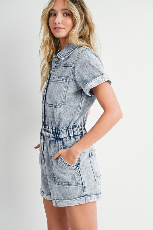 Washed Denim Short Sleeve Romper Wildflowers & Denim