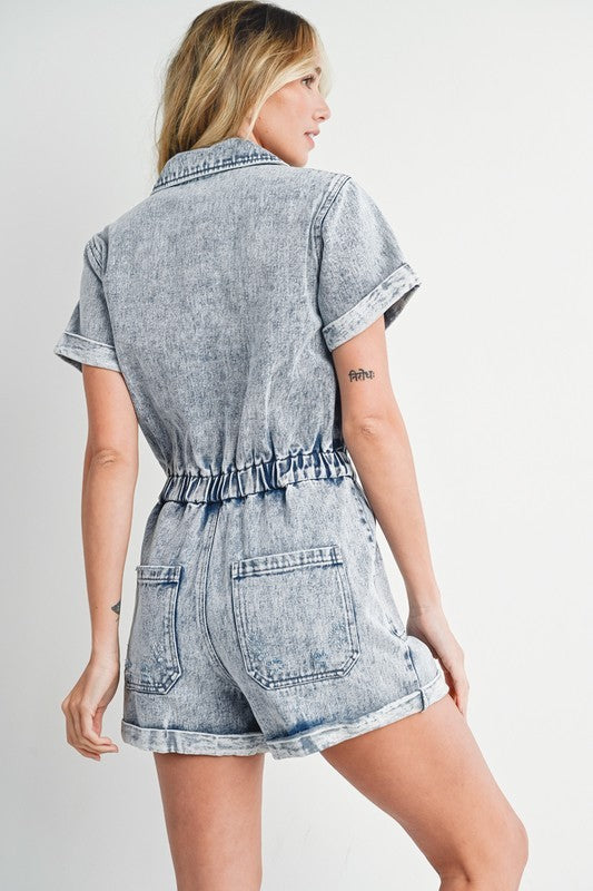 Washed Denim Short Sleeve Romper Wildflowers & Denim