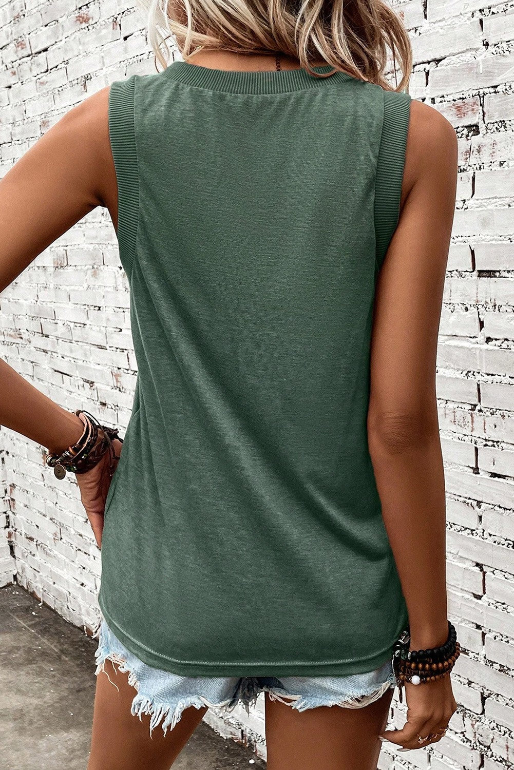 Contrast Trim V-Neck Loose Fit Tank Top Wildflowers & Denim