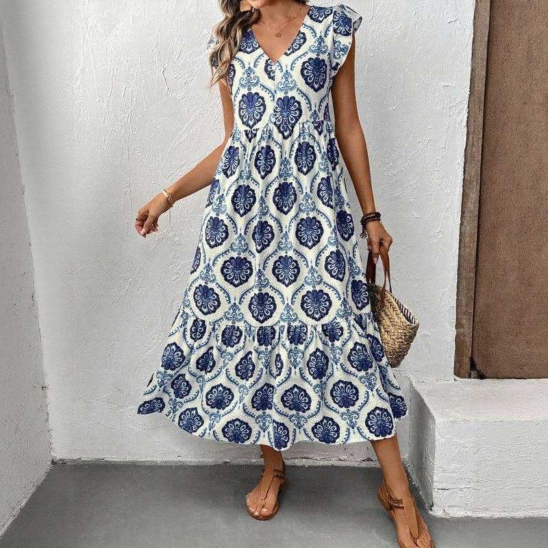 Loose-Fit Deep V-Neck Floral Print Maxi Dress Lovesoft