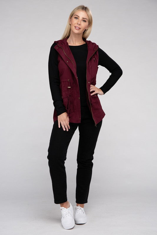 Zenana Button Down Hooded Vest Wildflowers & Denim