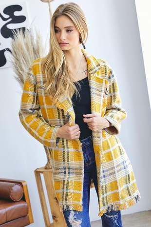Plaid Gray/Yellow Frayed Flannel Knee Length Jacket Wildflowers & Denim