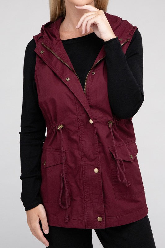 Zenana Button Down Hooded Vest Wildflowers & Denim