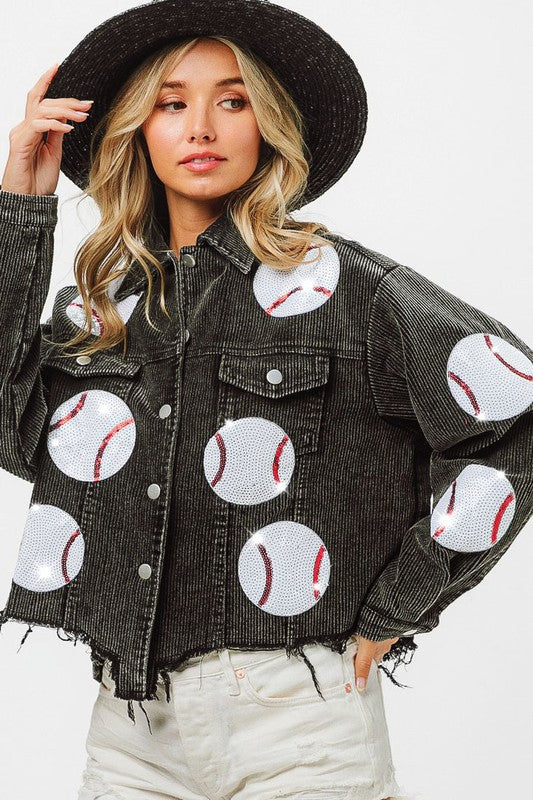 Sequined Baseball Boyfriend Oversized Corduroy Jacket Wildflowers & Denim