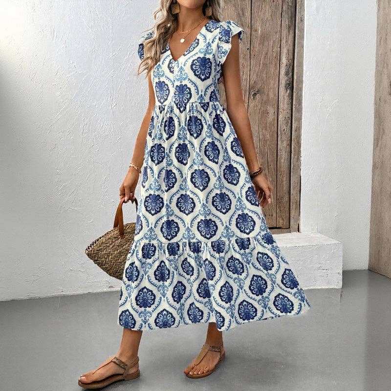 Loose-Fit Deep V-Neck Floral Print Maxi Dress Lovesoft