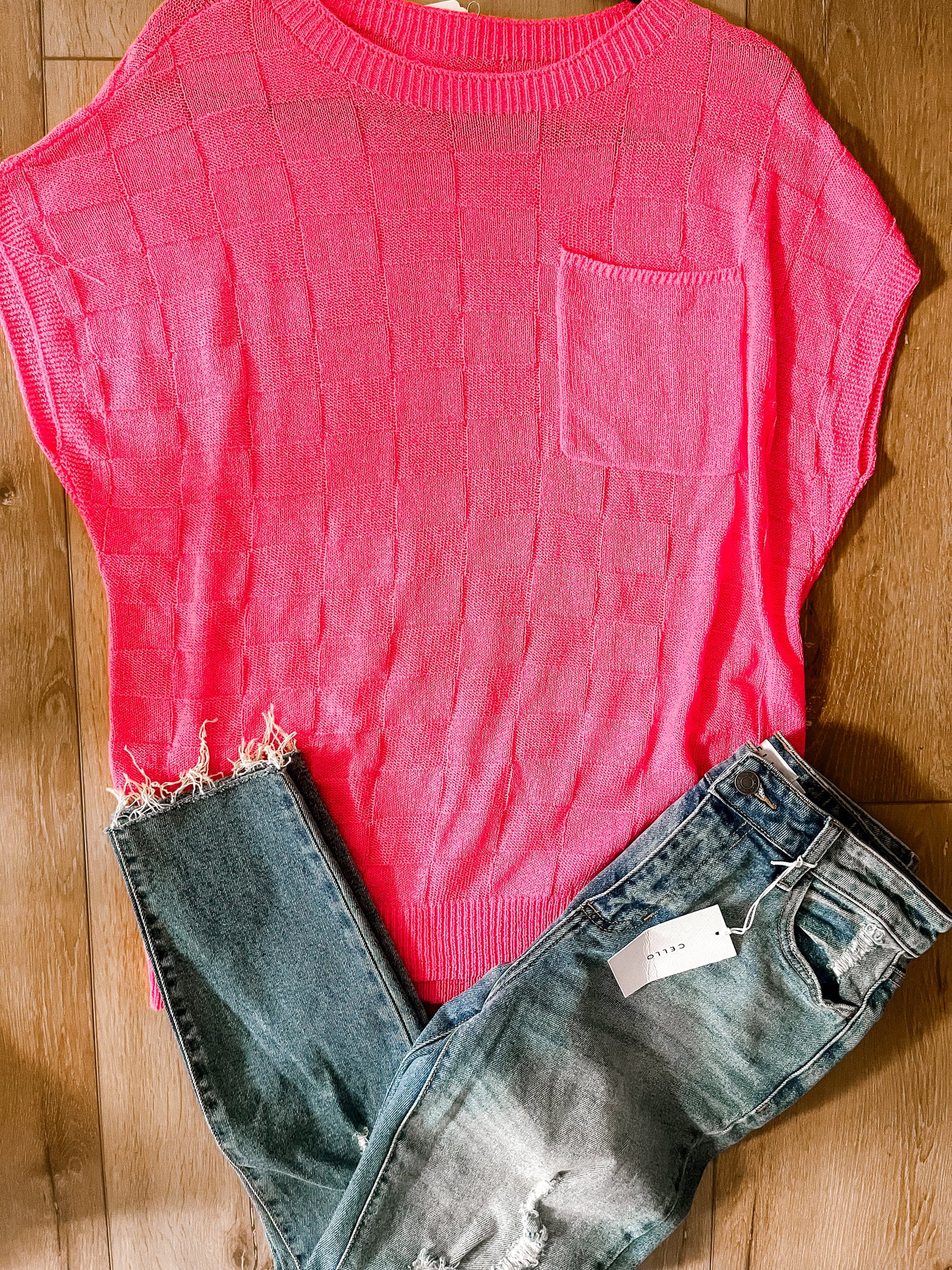 Pink Lattice Textured Knit Short Sleeve Sweater Wildflowers & Denim