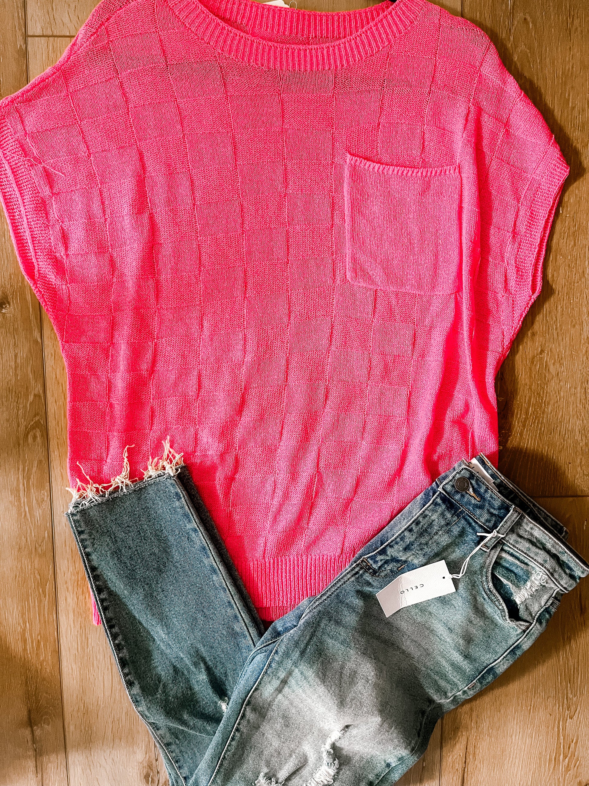 Pink Lattice Textured Knit Short Sleeve Sweater Wildflowers & Denim