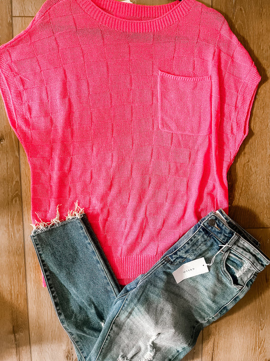 Pink Lattice Textured Knit Short Sleeve Sweater Wildflowers & Denim