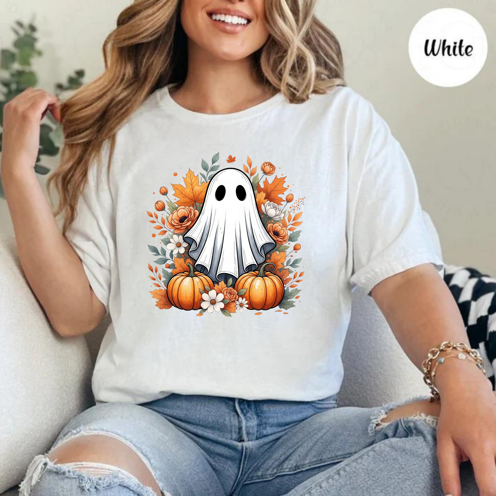 Ghost with Pumpkins & Flowers Graphic Tee SMR Wholesale