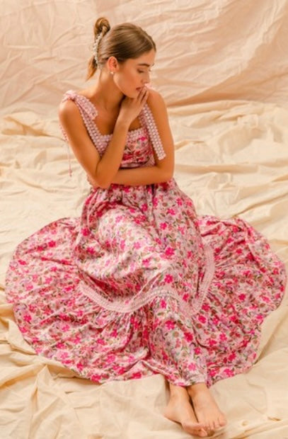 FLORAL MAXI DRESS WITH RIBBON TIE LACE
STRAP Wildflowers & Denim
