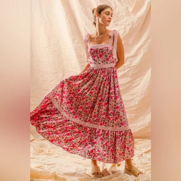 FLORAL MAXI DRESS WITH RIBBON TIE LACE
STRAP Wildflowers & Denim