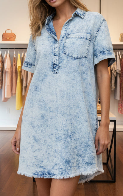 Vintage Washed Half Neck Short Sleeve Tunic Top Wildflowers & Denim