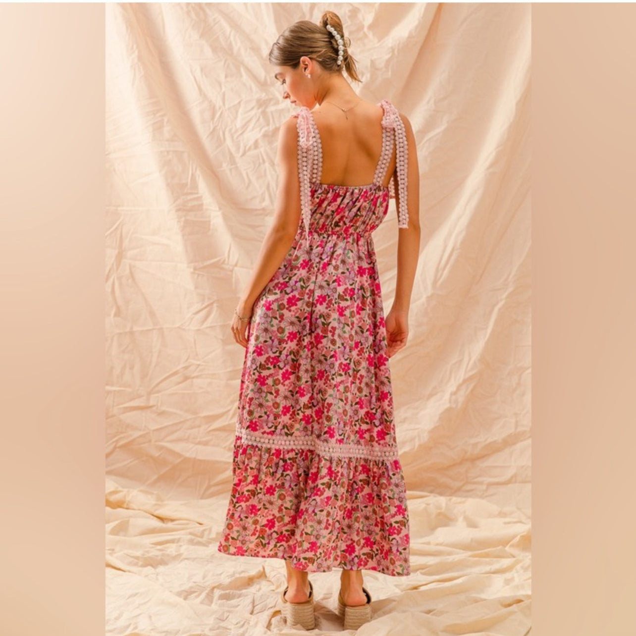 FLORAL MAXI DRESS WITH RIBBON TIE LACE
STRAP Wildflowers & Denim