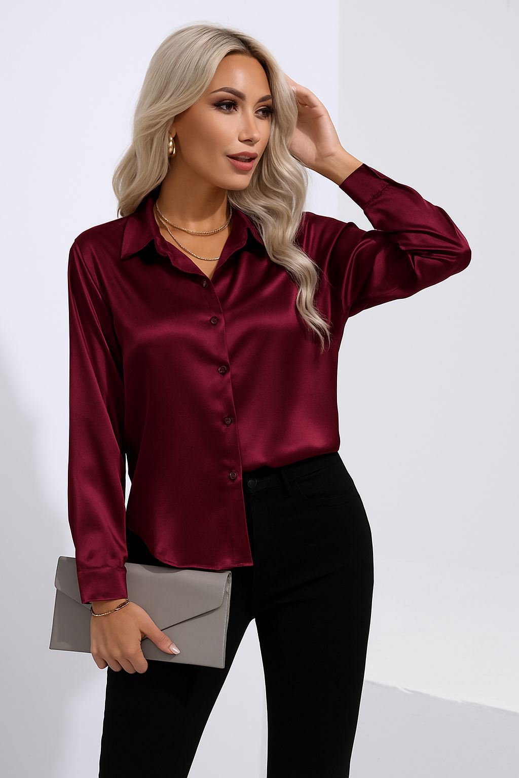Satin Button Down High Low Blouse Wildflowers & Denim