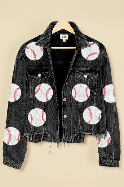 Sequined Baseball Boyfriend Oversized Corduroy Jacket Wildflowers & Denim