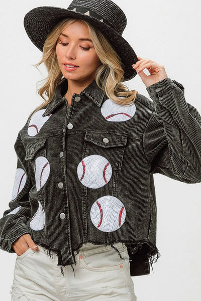 Sequined Baseball Boyfriend Oversized Corduroy Jacket Wildflowers & Denim