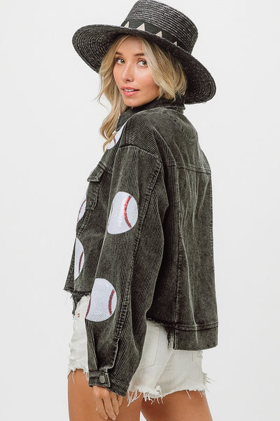 Sequined Baseball Boyfriend Oversized Corduroy Jacket Wildflowers & Denim