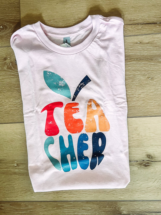 Apple Teacher Tshirt: Pink Wildflowers & Denim