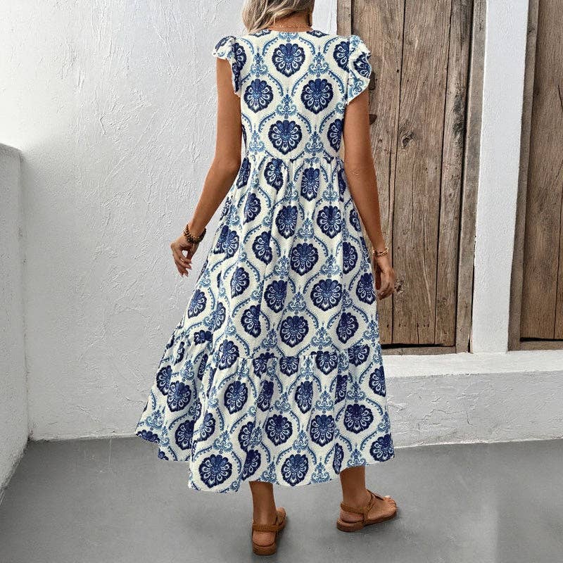 Loose-Fit Deep V-Neck Floral Print Maxi Dress Lovesoft