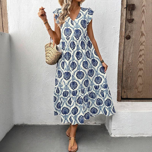 Loose-Fit Deep V-Neck Floral Print Maxi Dress Lovesoft