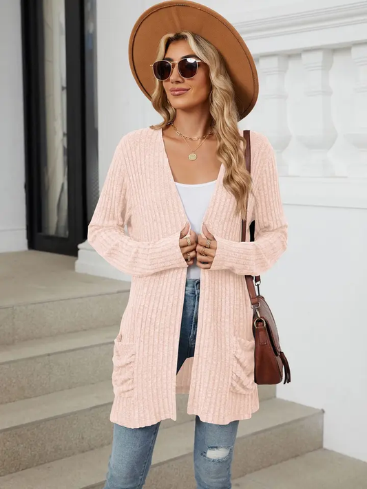 Solid Open Front Long Sleeve Ribbed Knit Cardigan