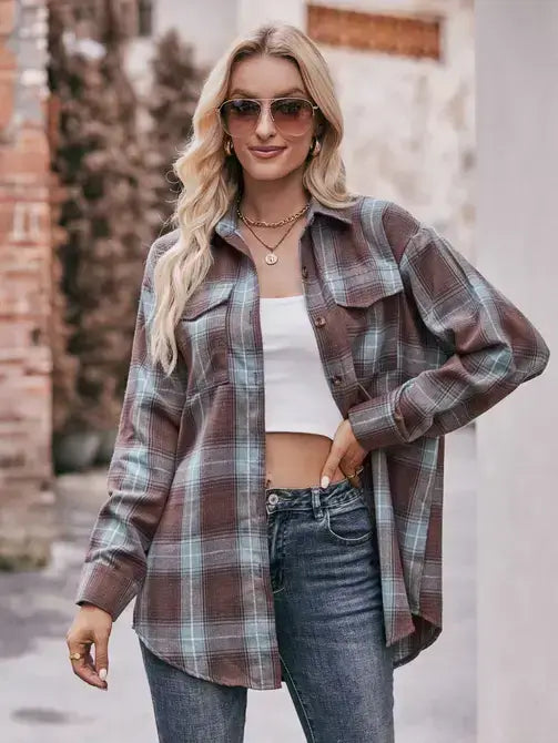 Women’s Green Plaid Oversized Button Down Flannel Shirt