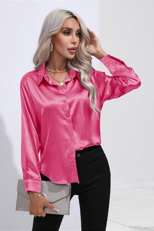 Satin Button Down High Low Blouse Wildflowers & Denim