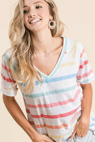 Bibi Striped vneck short sleeve Wildflowers & Denim