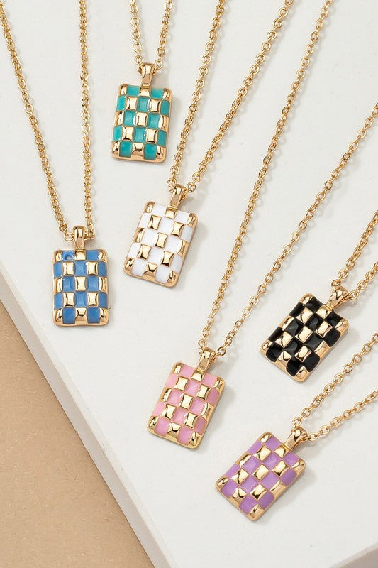 Rectangle Pendant Necklace With Checkered Print Wildflowers & Denim
