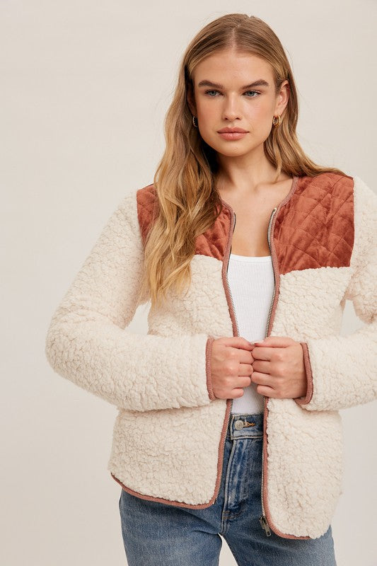 Velour Quilted Sherpa Zip Up Jacket Wildflowers & Denim