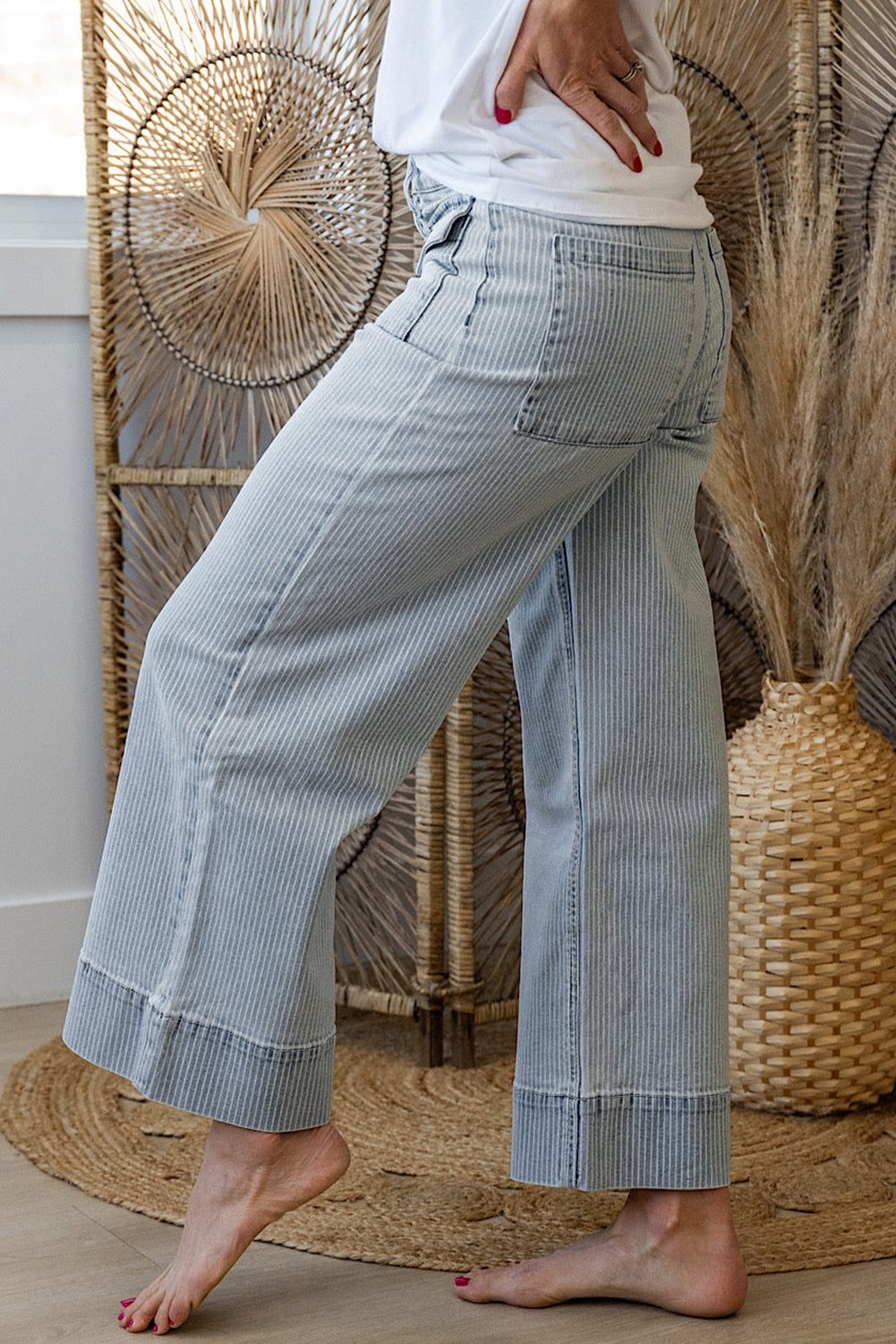 Sky Blue Striped Button Flap Pocket Cuffed Hem Wide Leg Jeans Shewin