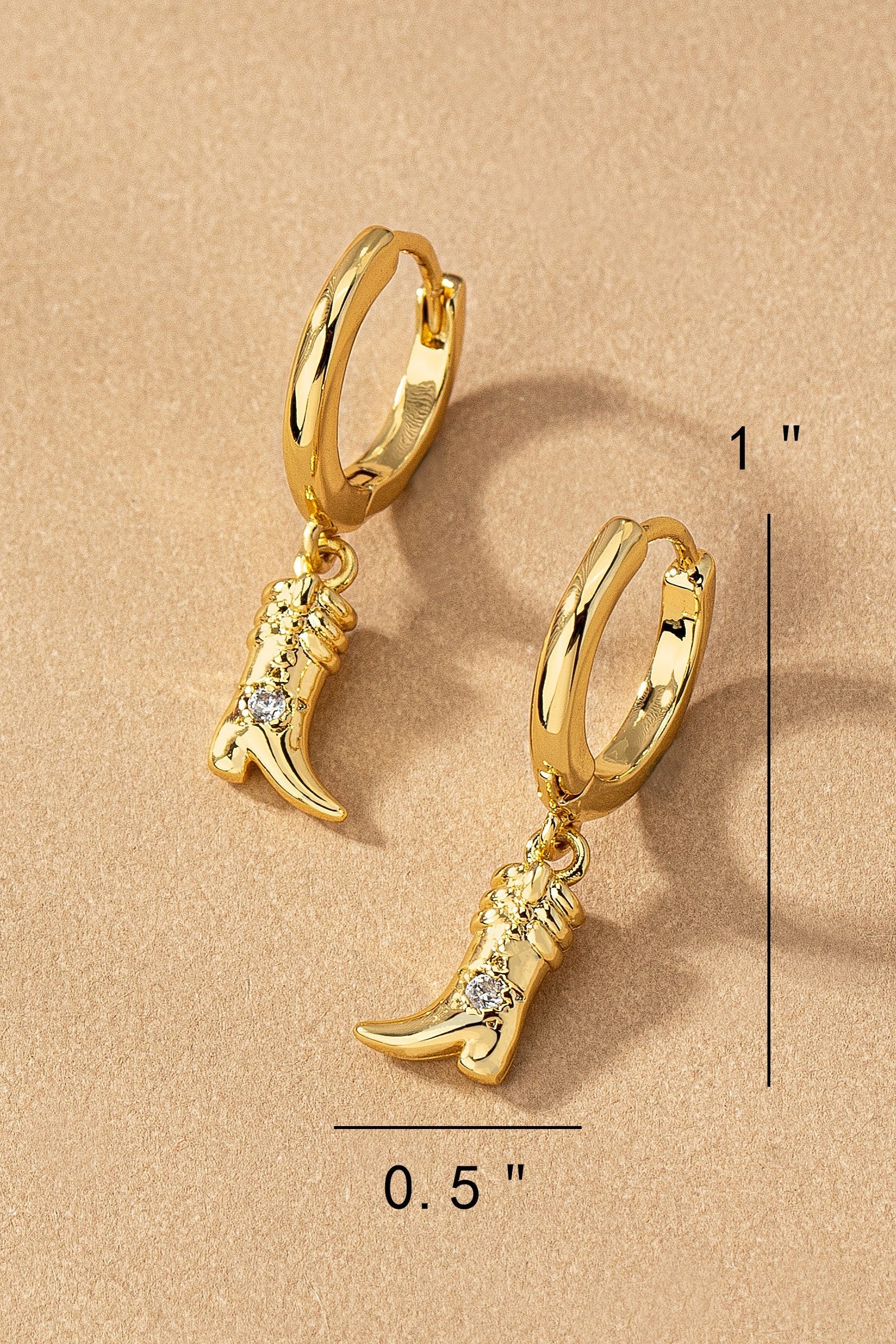 Brass Huggie Hoop Mini Cowboy Boot Drop Earrings Wildflowers & Denim