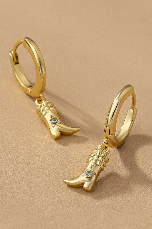Brass Huggie Hoop Mini Cowboy Boot Drop Earrings Wildflowers & Denim