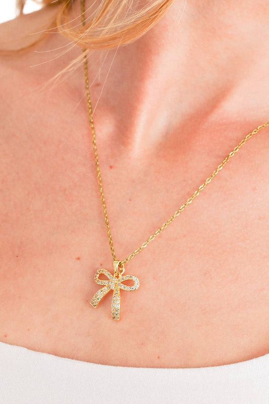 Gold Rhinestone Bow Pendant Necklace for Daily Wear