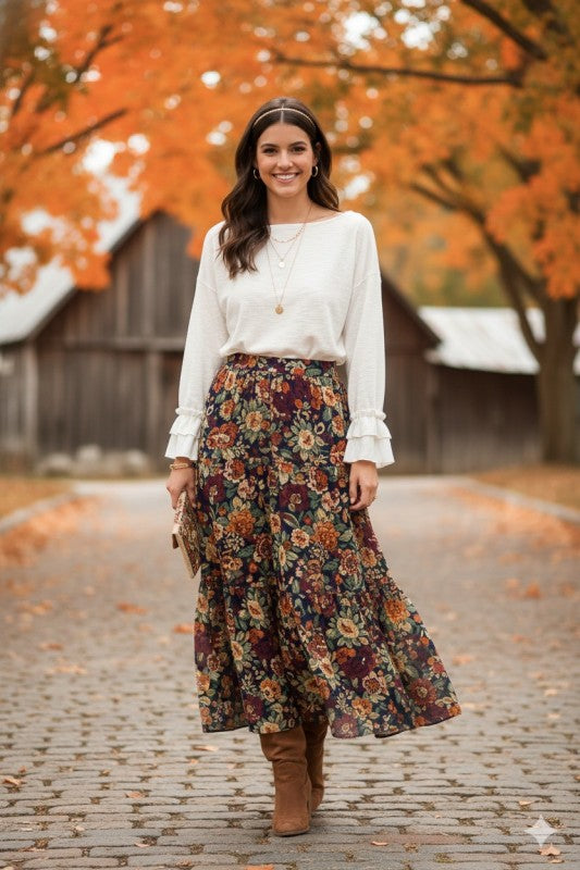 Woman wearing an off-white long sleeve top with ruffle cuffs and boat neckline paired with a floral maxi skirt and brown boots