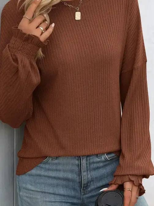 Ribbed Knit Long Sleeve Sweater Casual Relaxed Fit Top