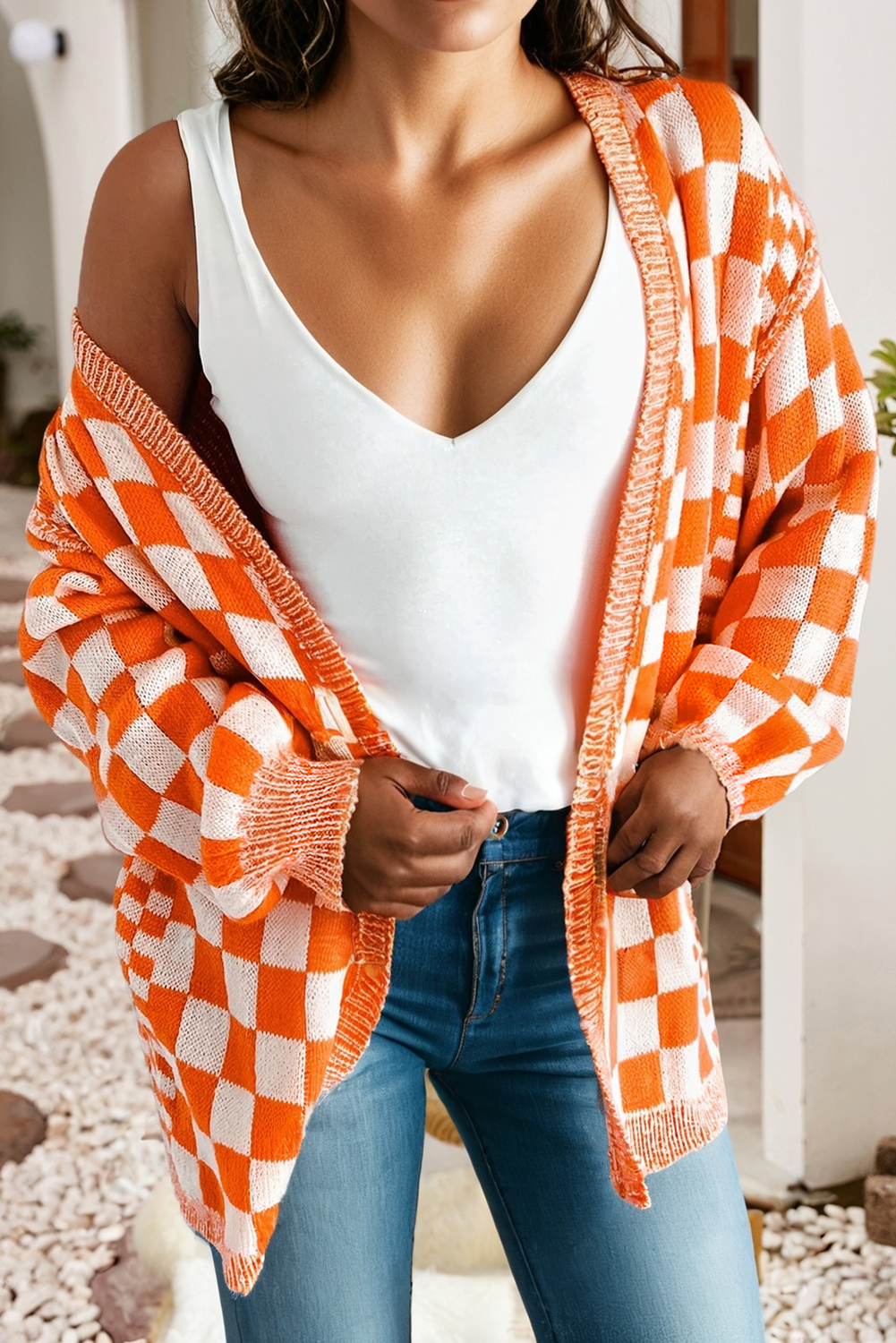 LDC Checkered Open Front Drop Shoulder Cardigan | S-4X Little Daisy Closet