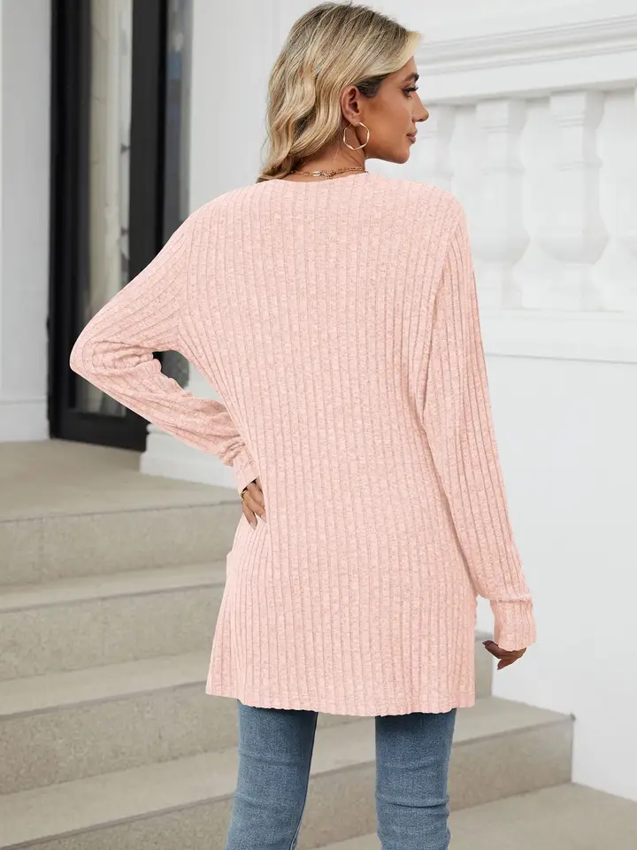 Solid Open Front Long Sleeve Ribbed Knit Cardigan
