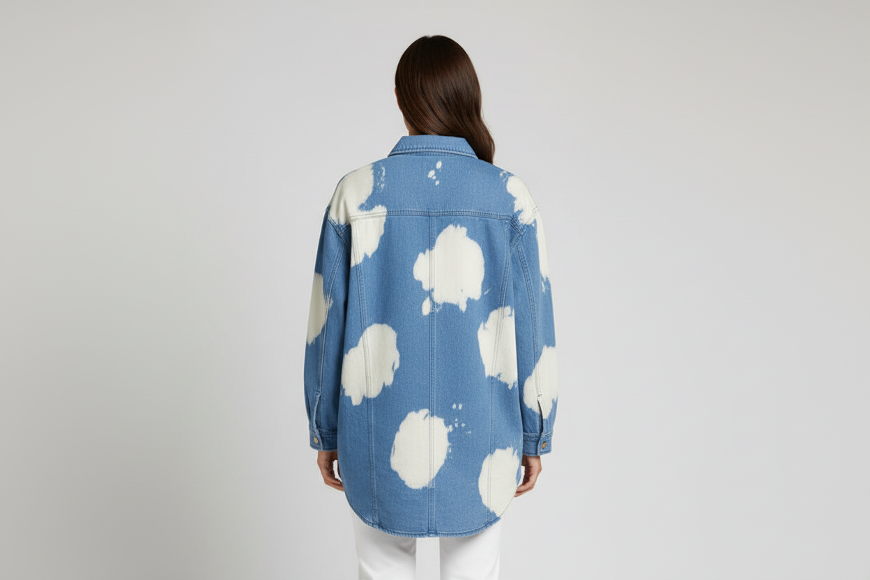 Back view of a woman wearing a Davi&Dani bleached oversized button down jacket with long sleeves and double front pockets.
