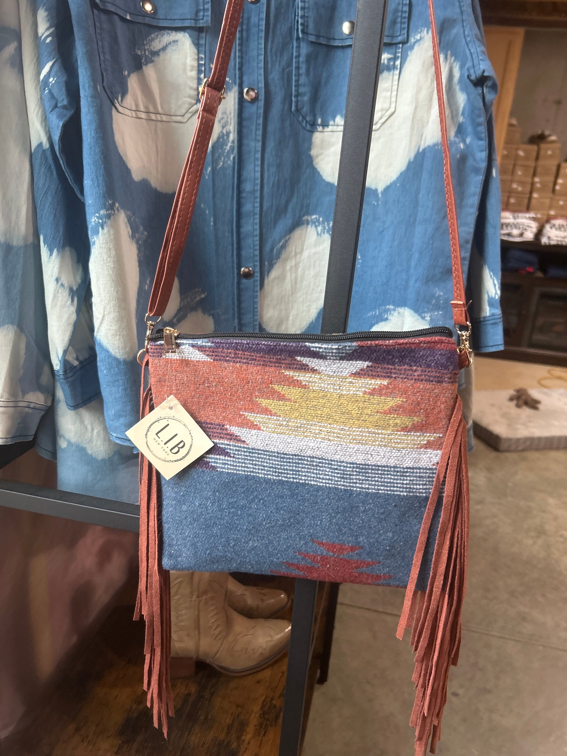 80 LIB Purse/ Leather fringe/ Aztec Print Wildflowers & Denim