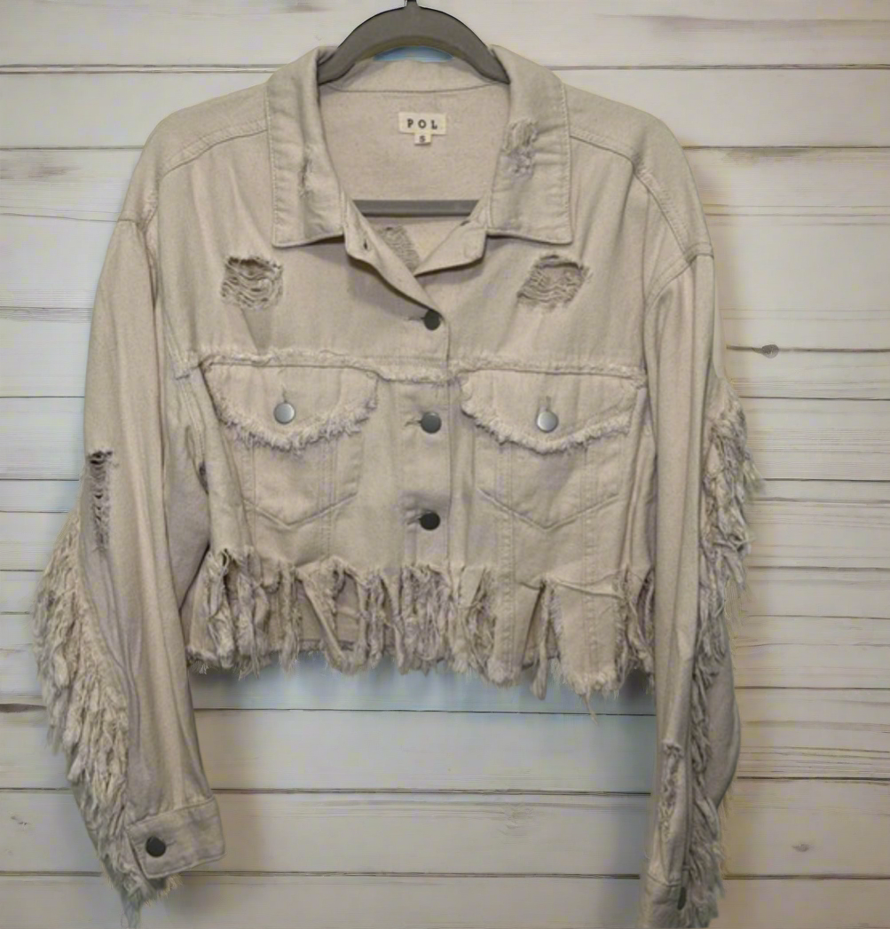 Pol Distressed Fringe Denim Jacket Wildflowers & Denim