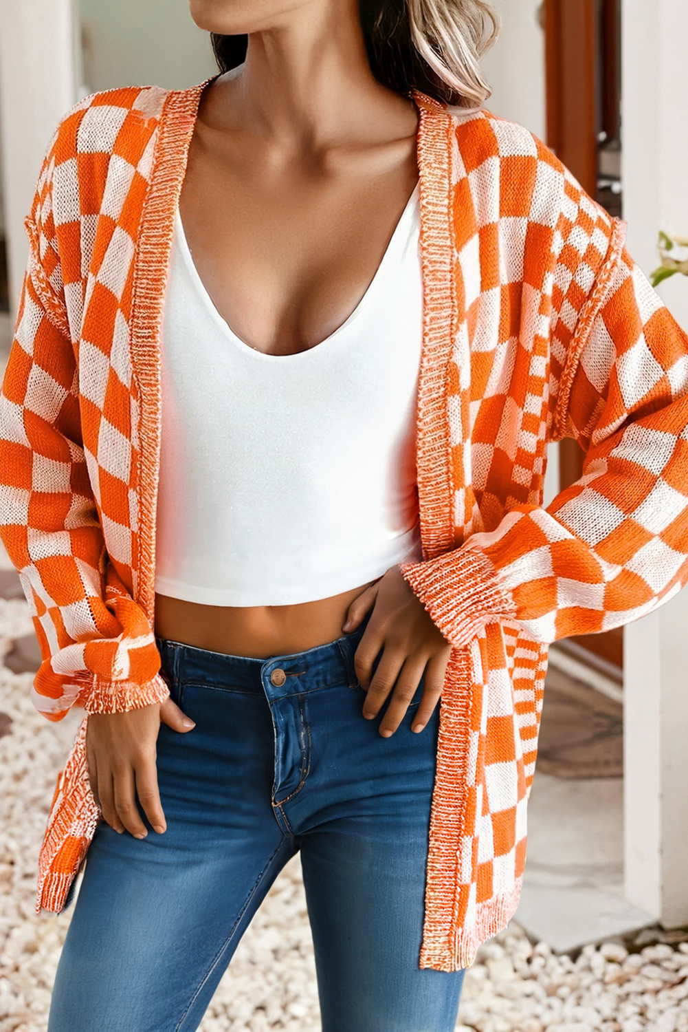 LDC Checkered Open Front Drop Shoulder Cardigan | S-4X Little Daisy Closet
