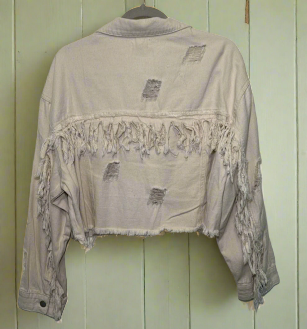 Pol Distressed Fringe Denim Jacket Wildflowers & Denim